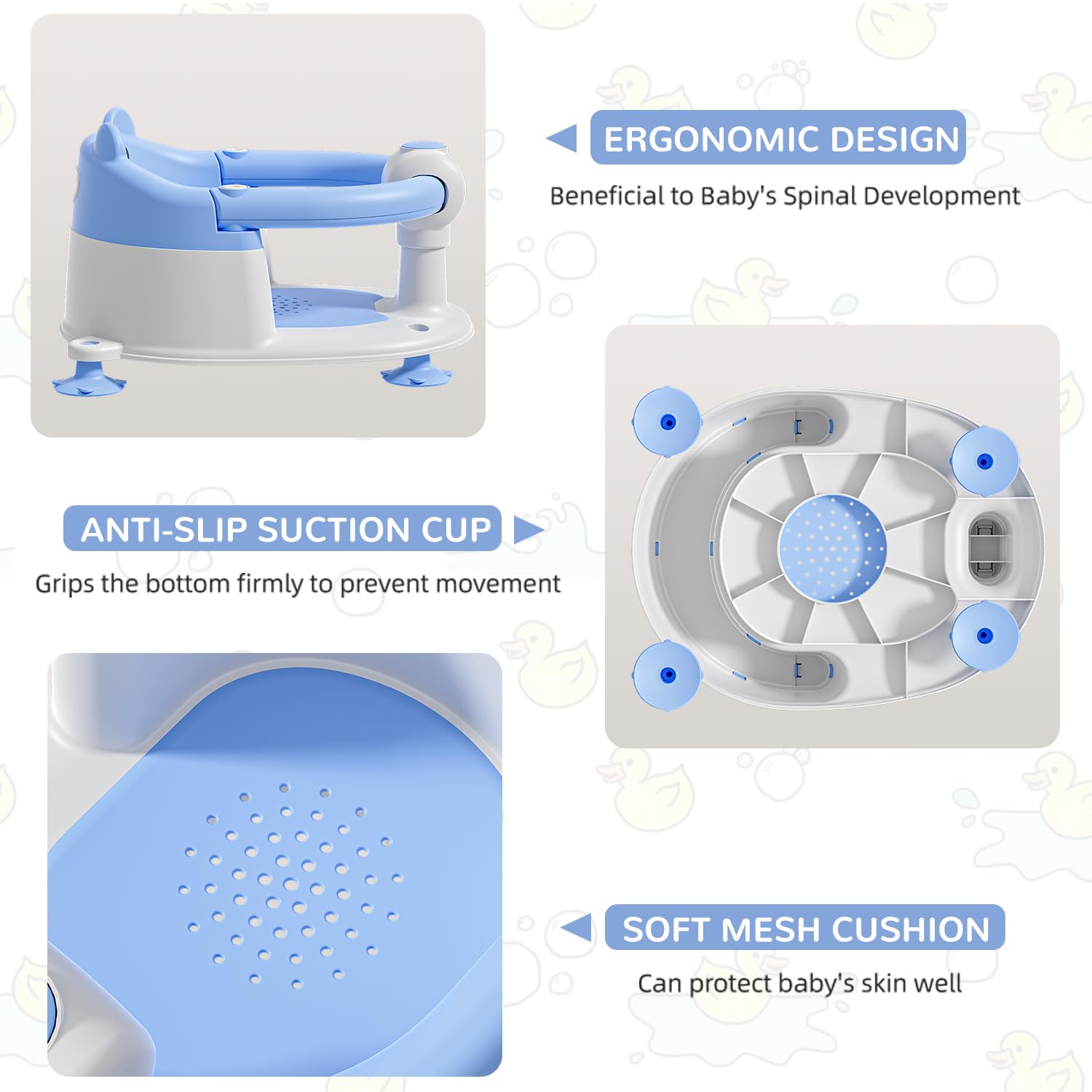Himold bath seat soft cushion increases baby comfort while bathing.