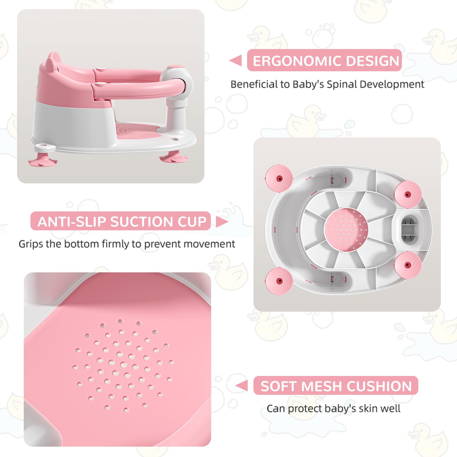 Himold bath seat pink, soft cushion cushions tiny legs during bath time.