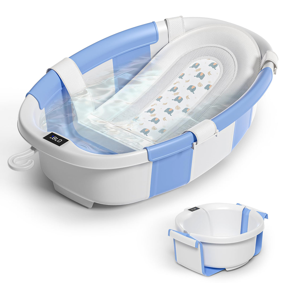 Himold collapsible baby bathtub folded for compact storage and travel