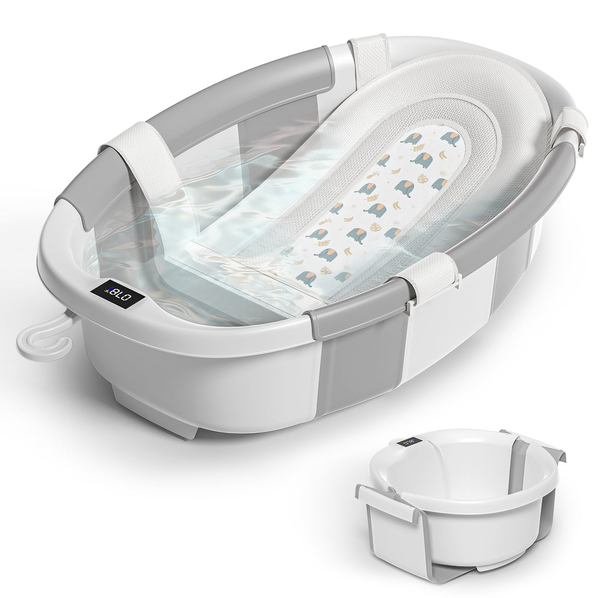 Himold collapsible baby bathtub folding steps for easy storage.