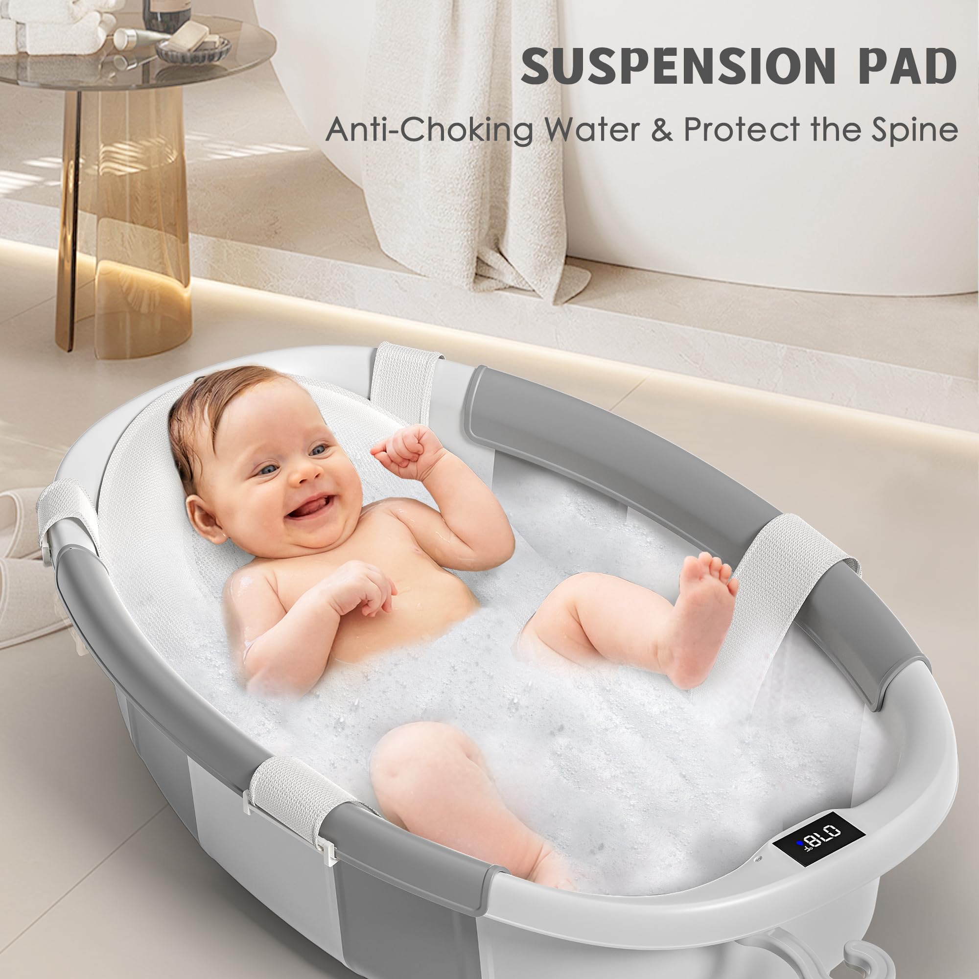 Himold tub grows with baby from newborn to toddler ages.
