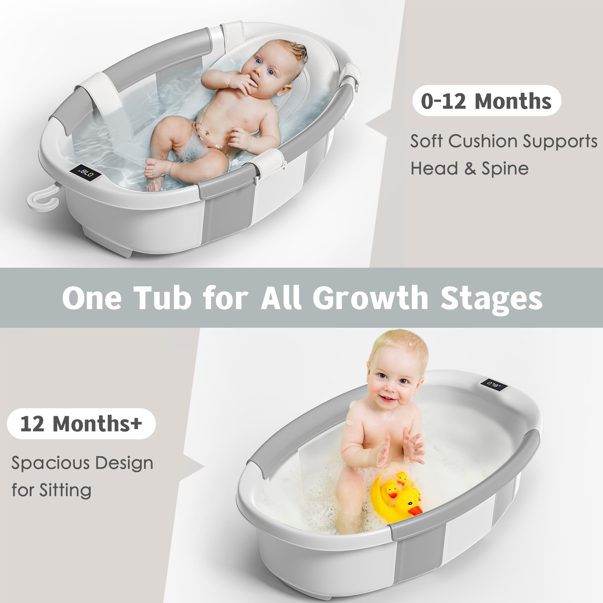Himold bathtub with thermometer display tracks water temperature during bath.