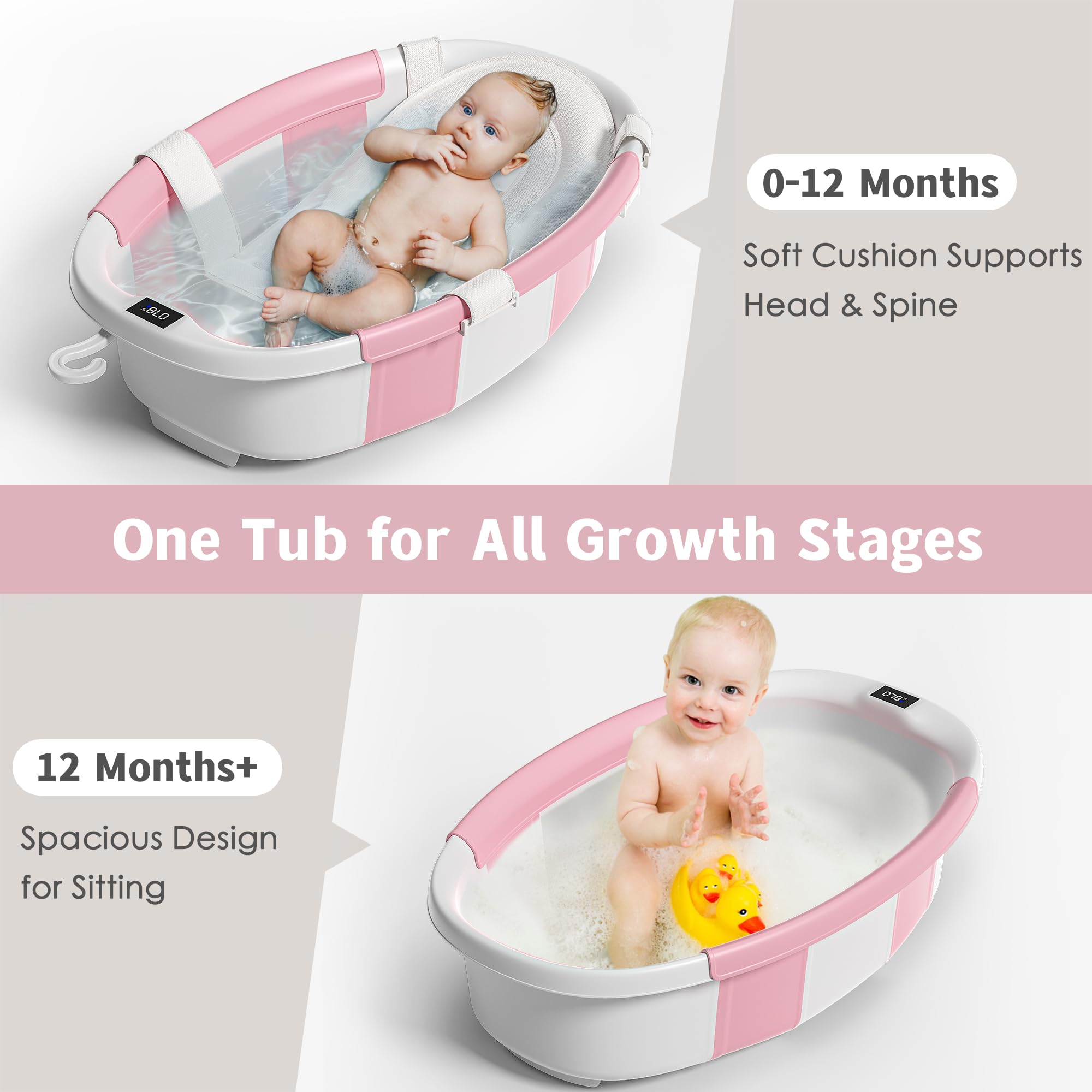Himold collapsible bath tub in use showing spacious bathing area.