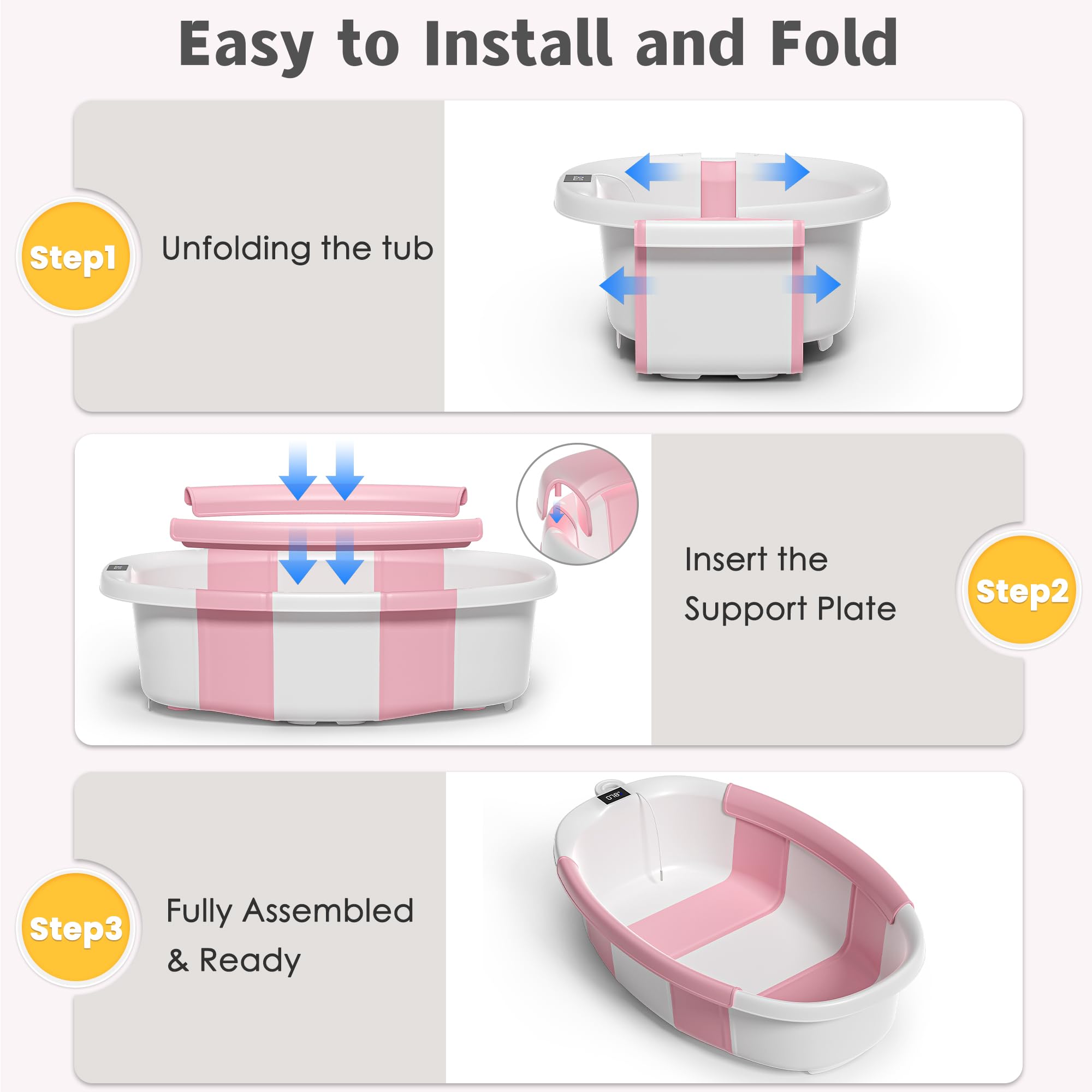 Himold collapsible baby bathtub adapts from newborn to toddler growth.