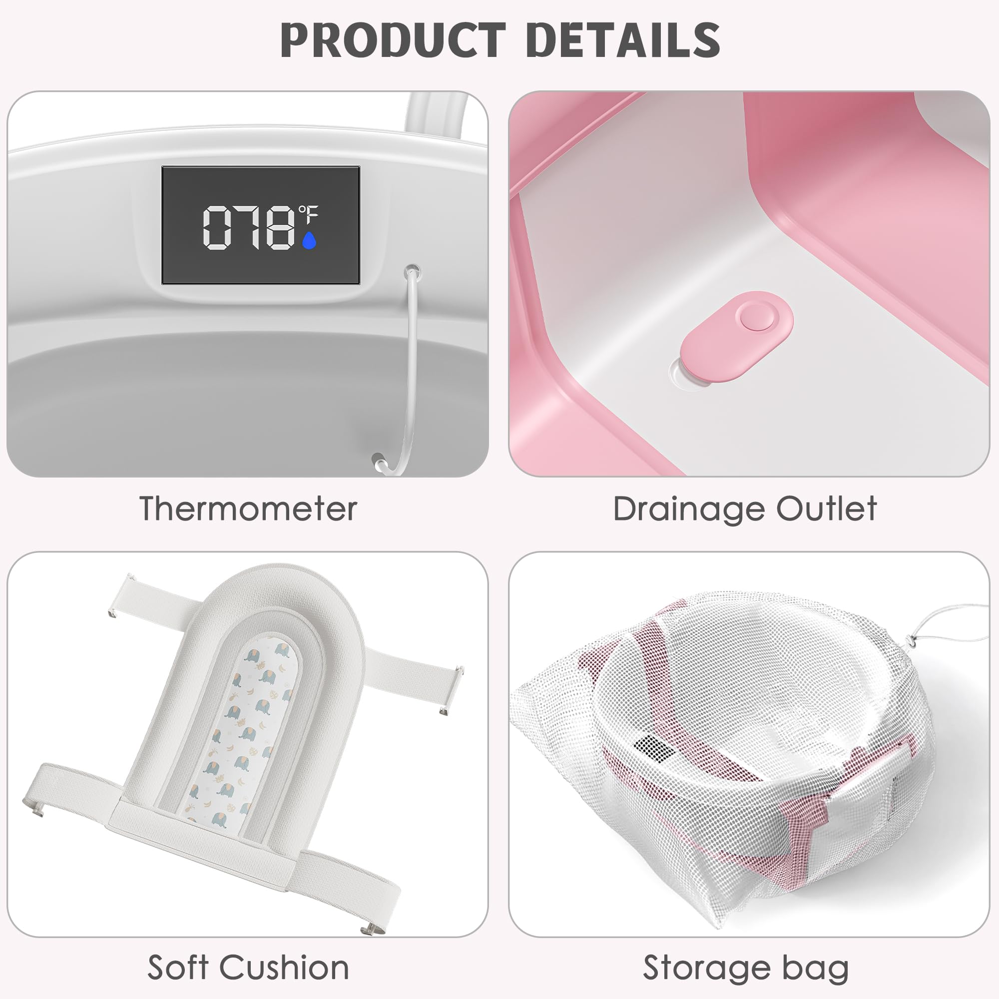 Himold collapsible baby bathtub soft cushion providing gentle head support.