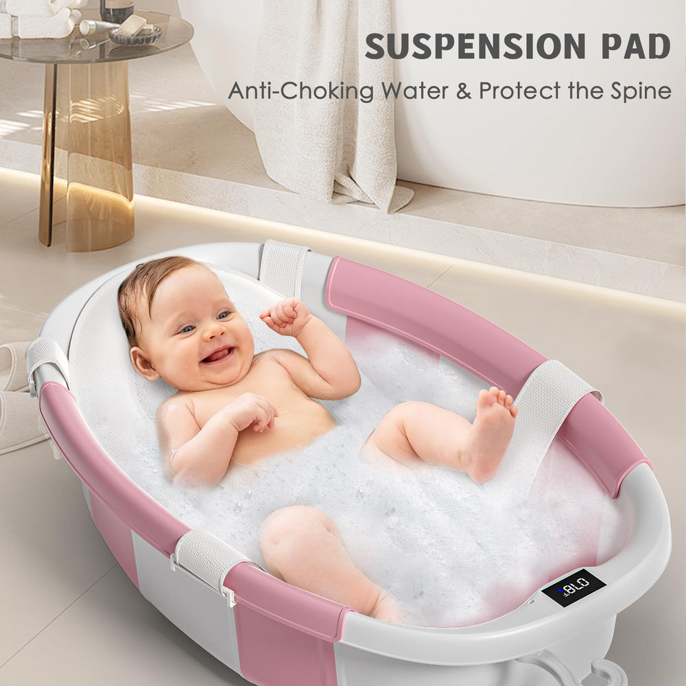 Himold collapsible baby bathtub with wall hook and storage bag for organization.