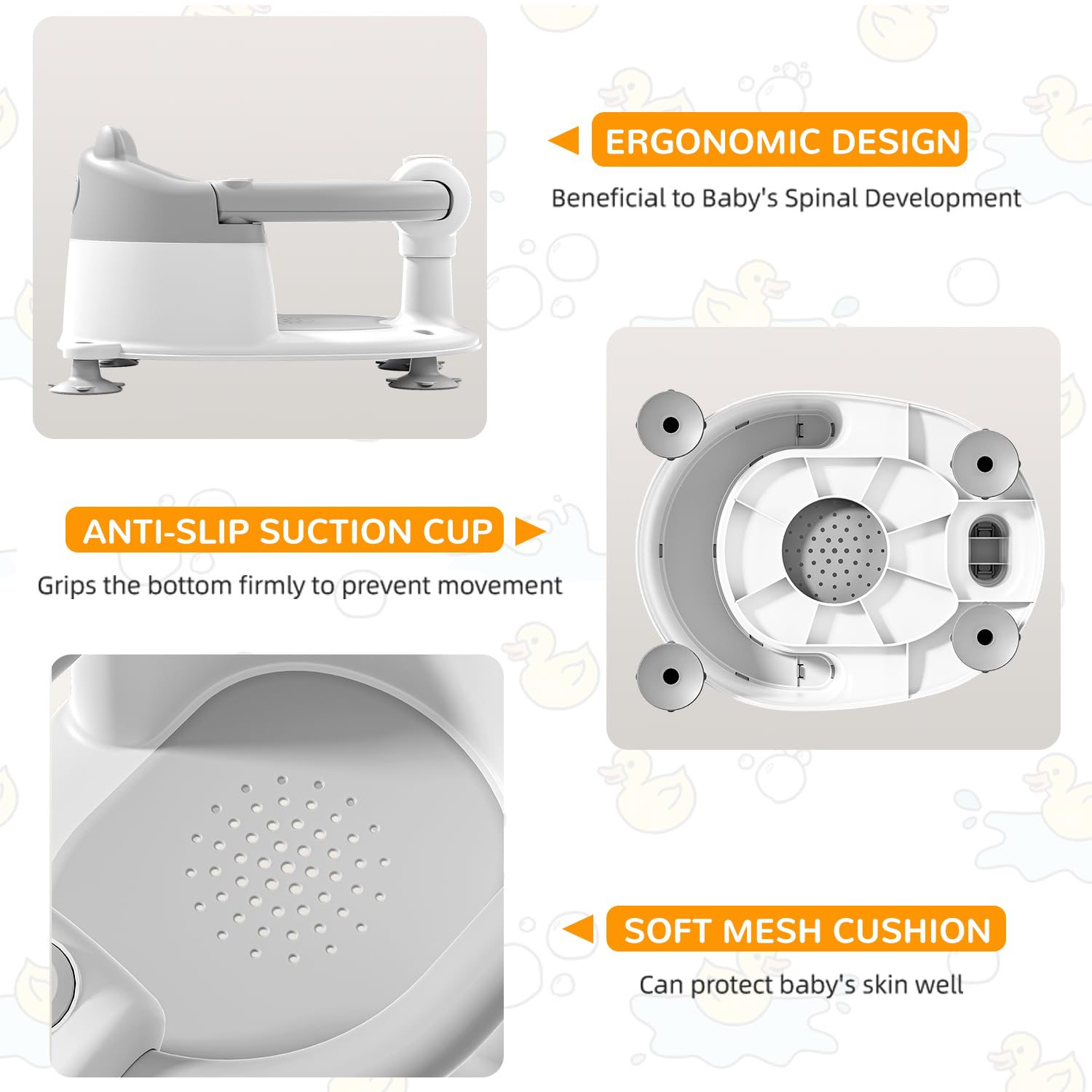 Himold ergonomic support for baby's head and back during baths.
