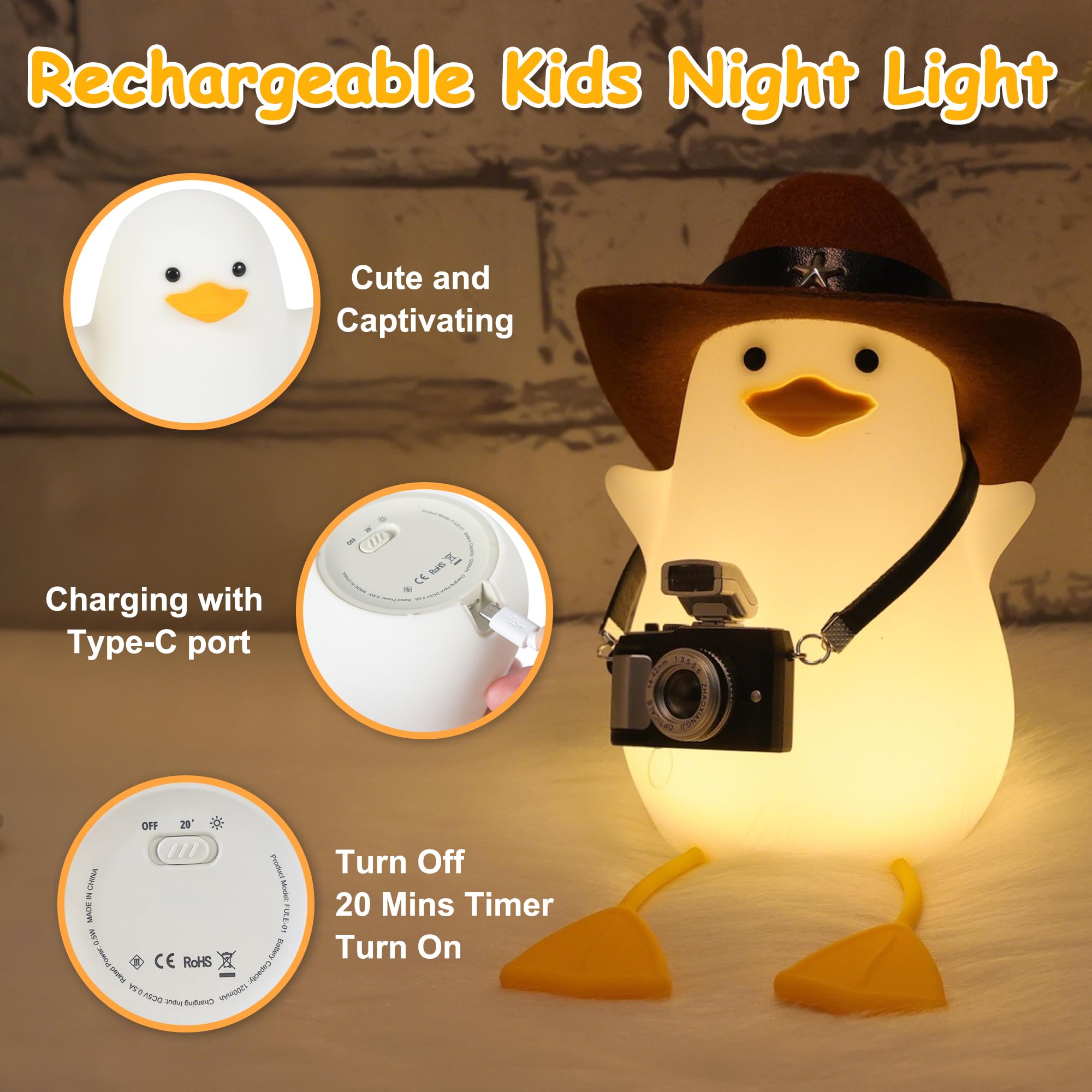 Hinittey Cowboy Duck Night Light made of soft BPA-free silicone