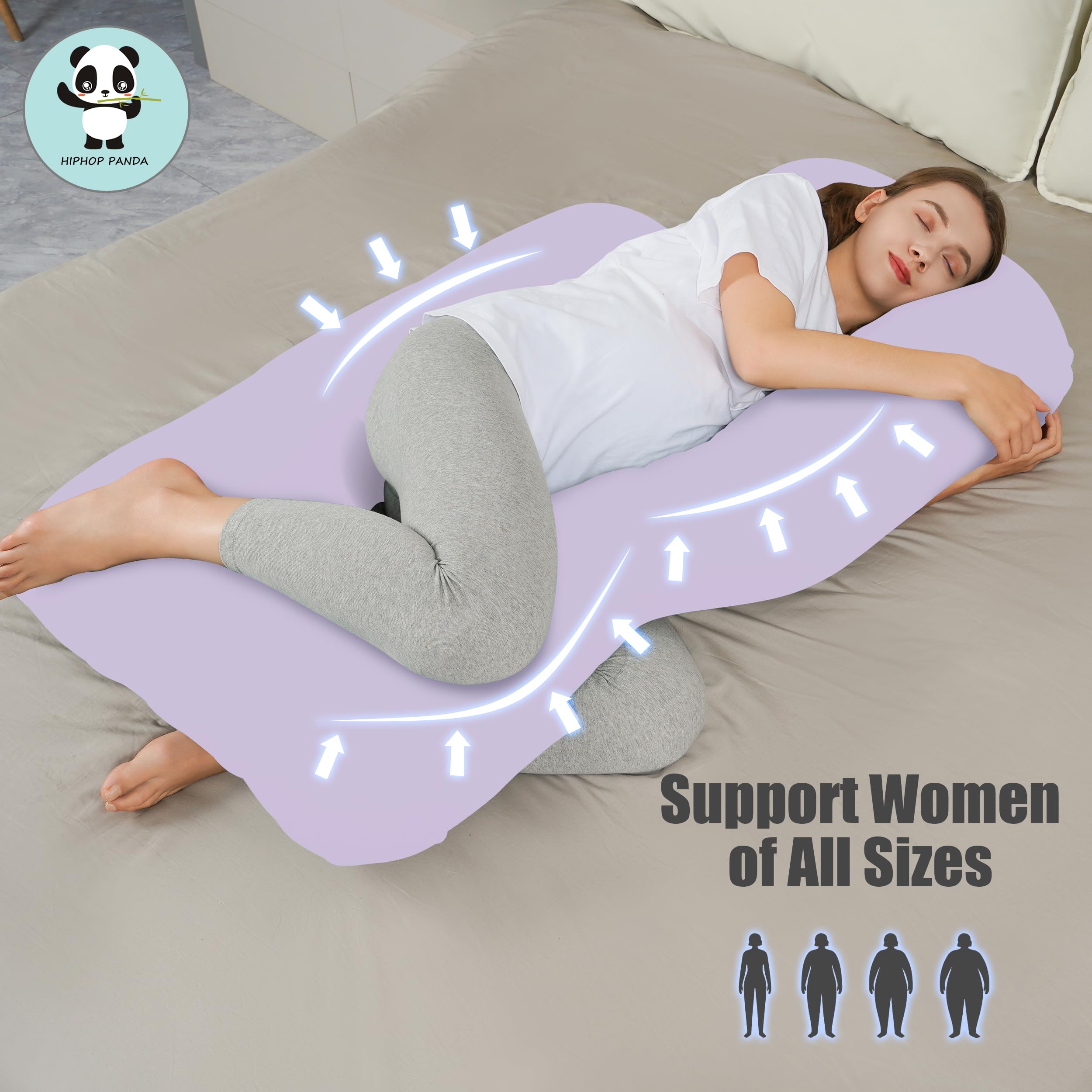 HIPHOP PANDA 57-inch pregnancy pillow fitting beds for versatile positioning.