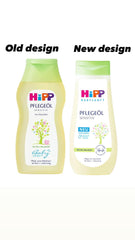 Hipp Baby Body Oil with organic almond oil close-up on key ingredient.