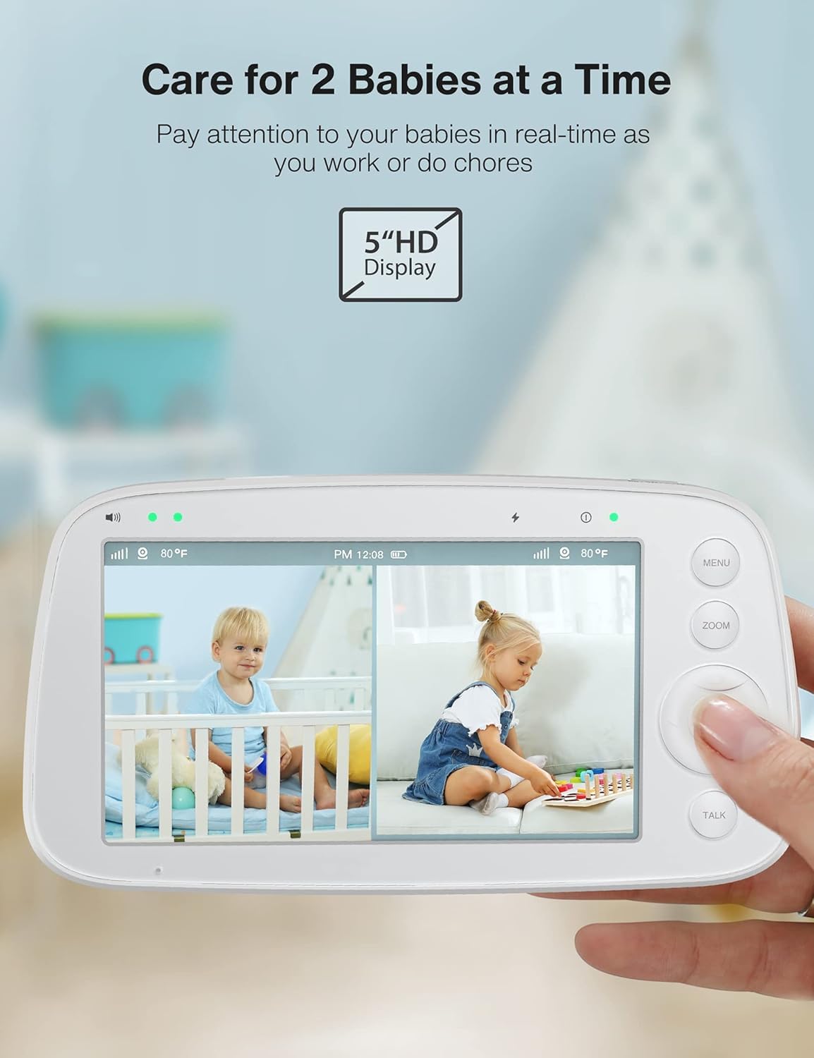 HiPP monitor split-screen view lets you monitor two rooms simultaneously.