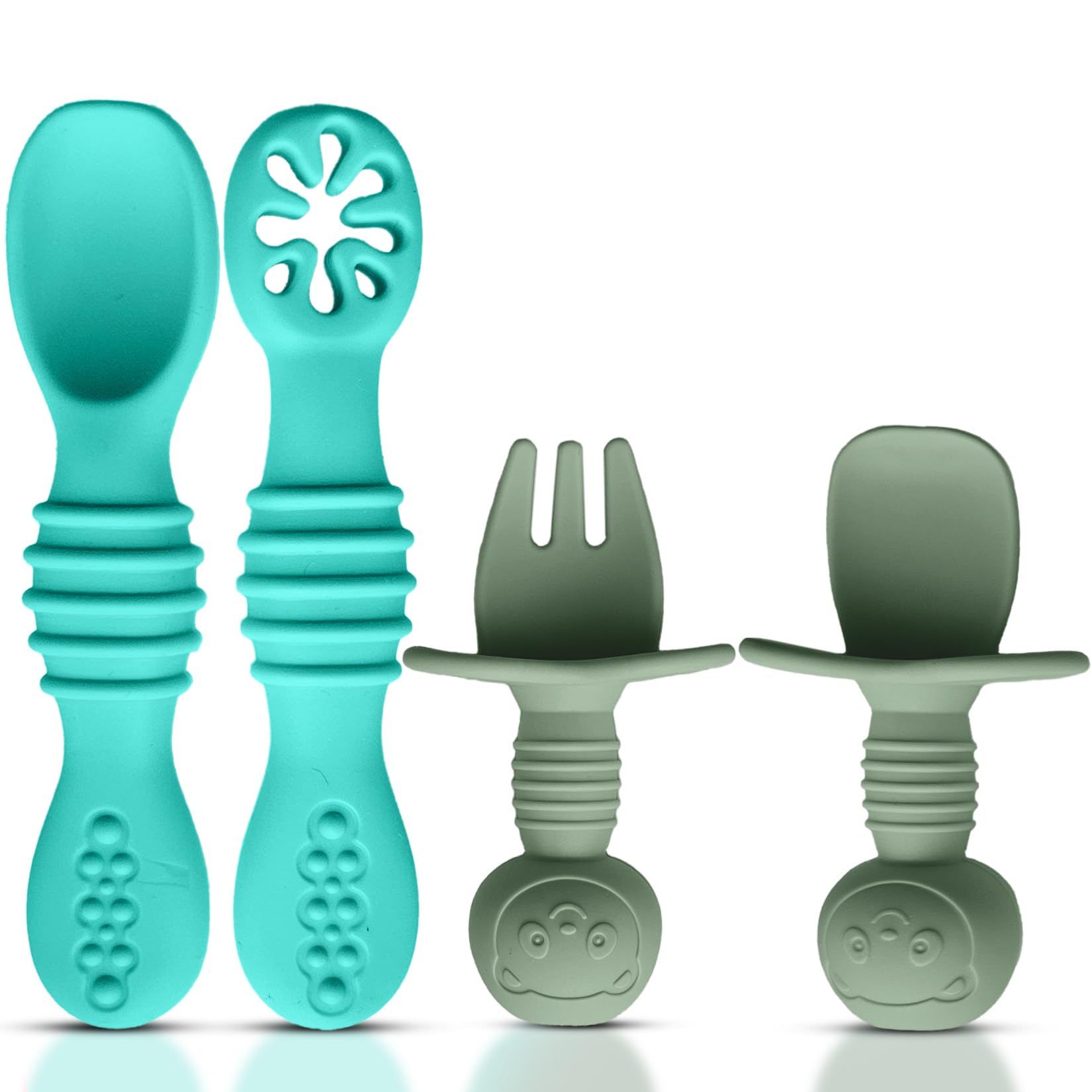 HippoBaby 4pc silicone baby spoons and fork set for self-feeding and easy cleanup.