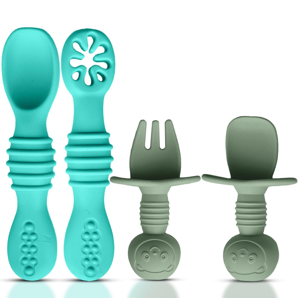 HippoBaby 4pc silicone baby spoons and fork set for self-feeding and easy cleanup.