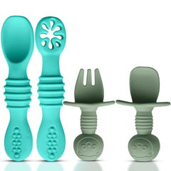 HippoBaby 4pc silicone baby spoons and fork set for self-feeding and easy cleanup.