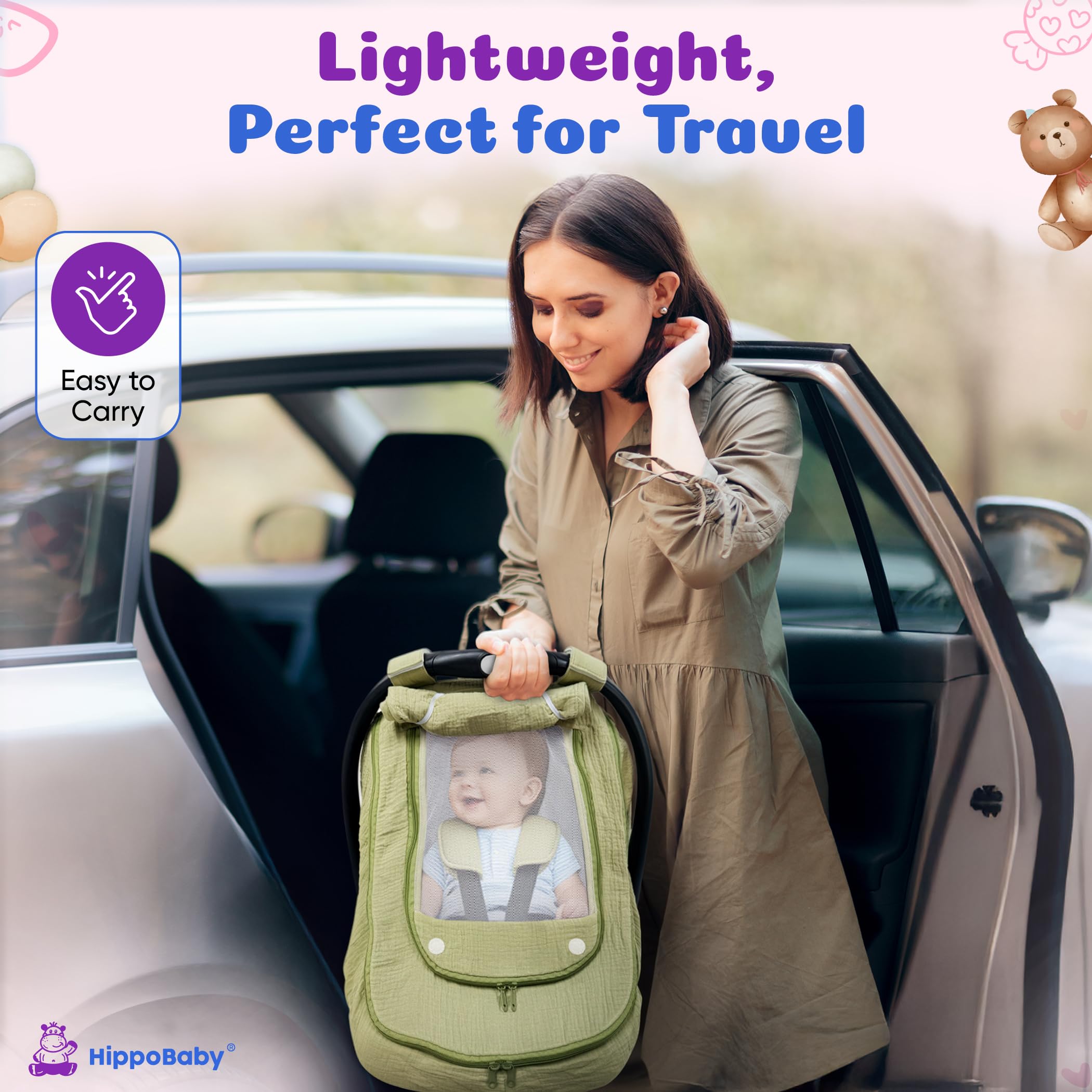 HippoBaby adjustable universal straps fit most major car seat brands.