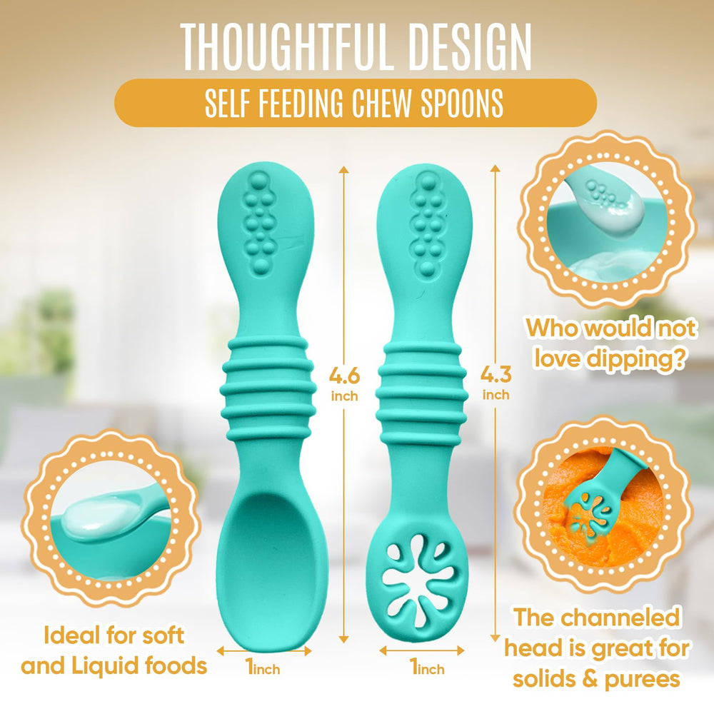 HippoBaby baby fork with curved edge aids scooping while protecting delicate gums.