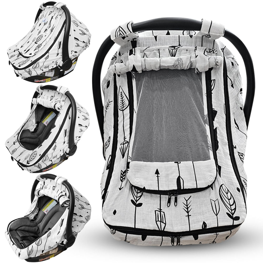 HippoBaby car seat cover made of breathable muslin shields baby from sun and wind.