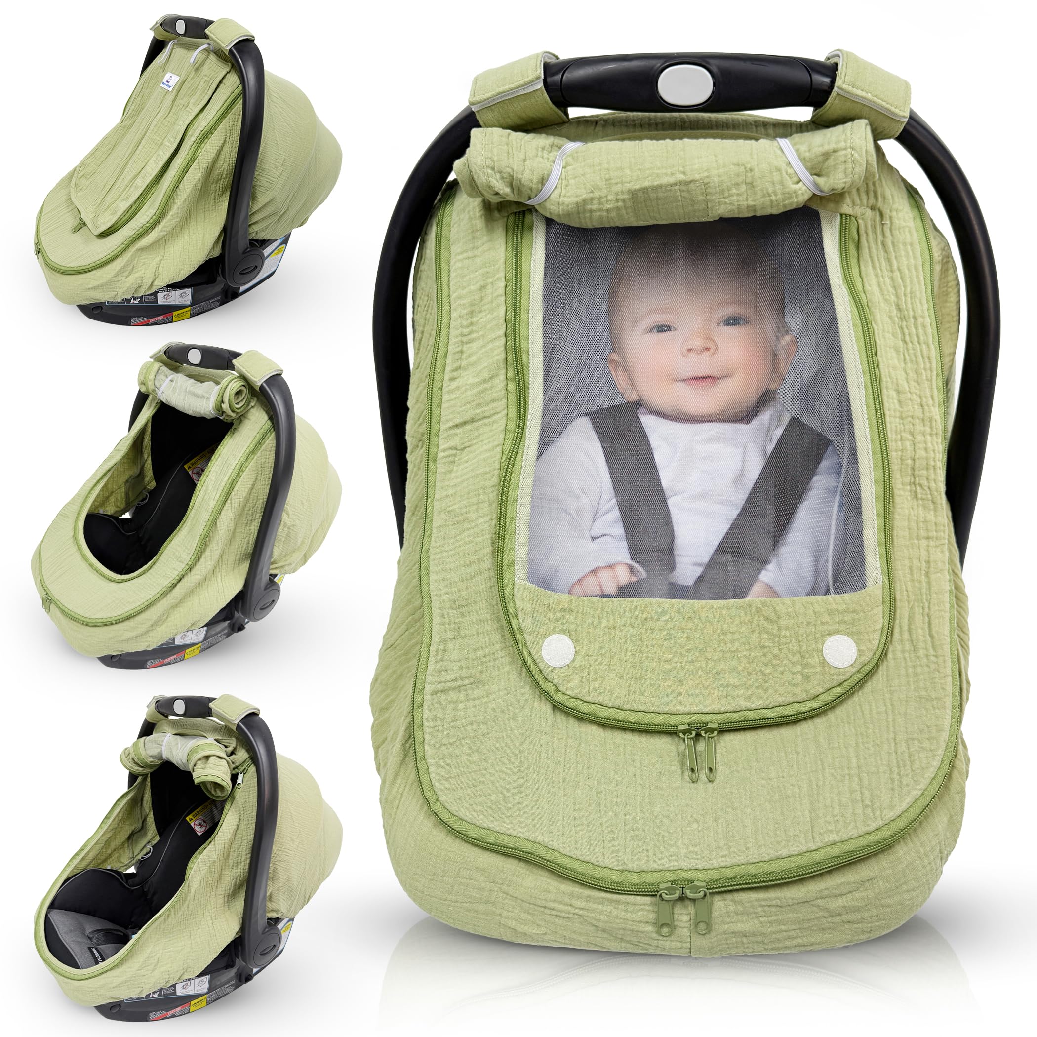 HippoBaby car seat cover in green muslin provides breathable sun and wind protection.