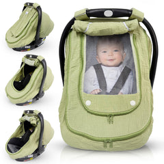 HippoBaby car seat cover in green muslin provides breathable sun and wind protection.