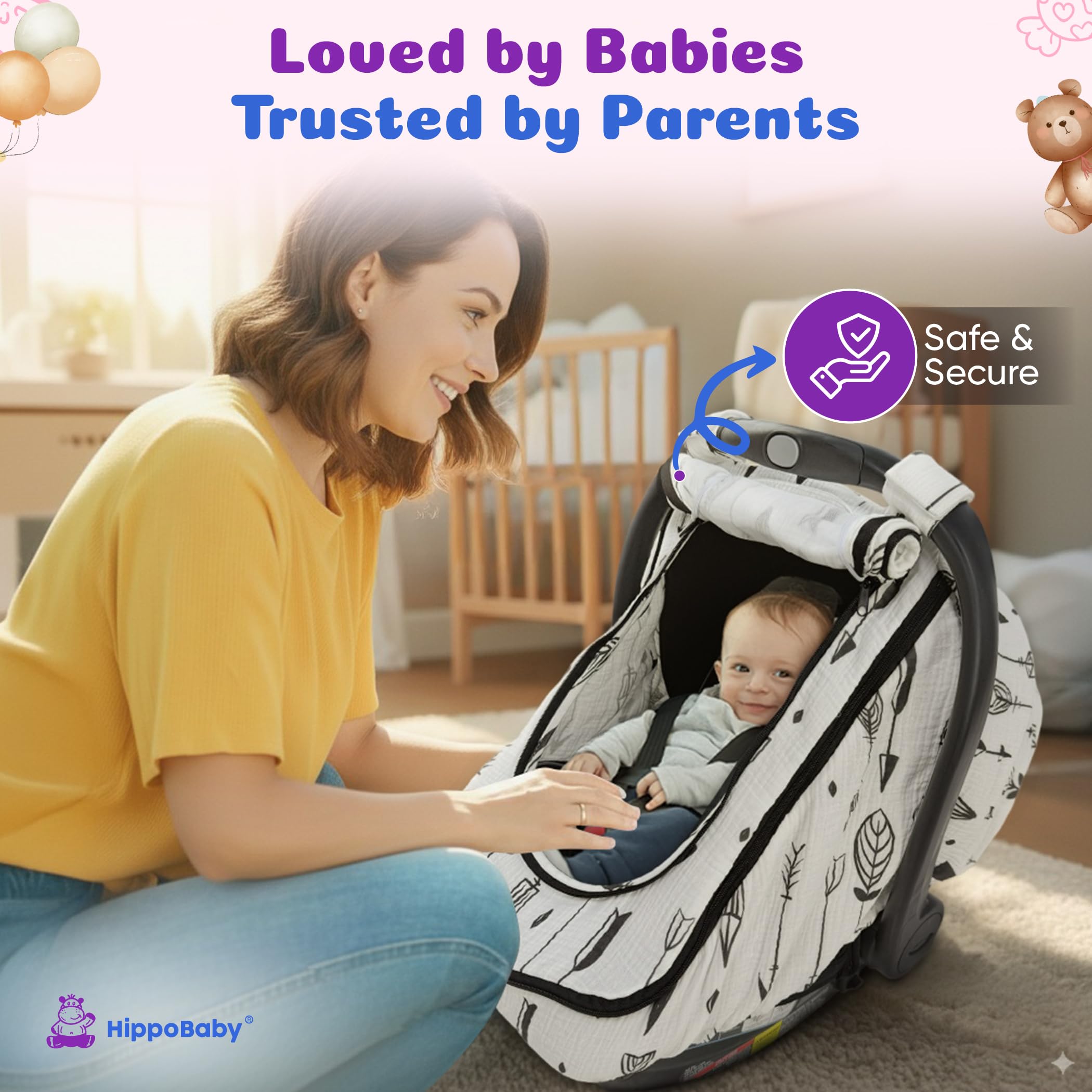 HippoBaby sunshade canopy with peekaboo window keeps eye contact easy.