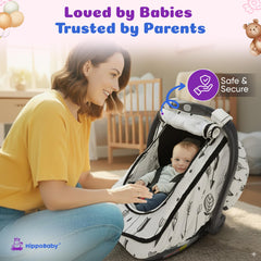 HippoBaby sunshade canopy with peekaboo window keeps eye contact easy.