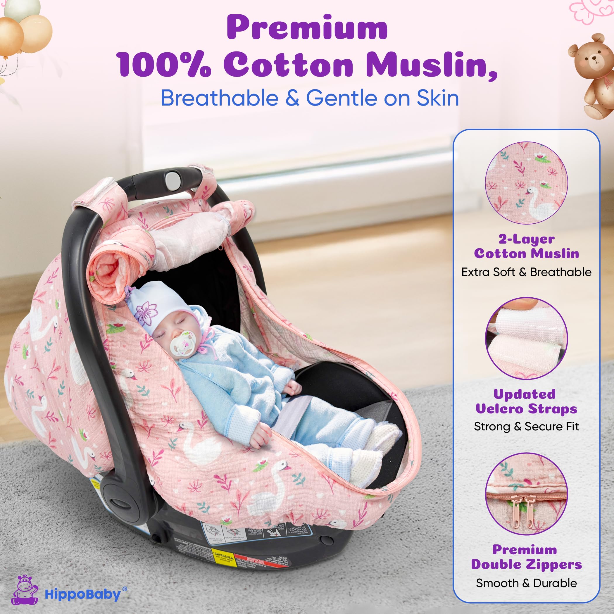 HippoBaby ultra-soft cotton feels gentle on baby's delicate skin.