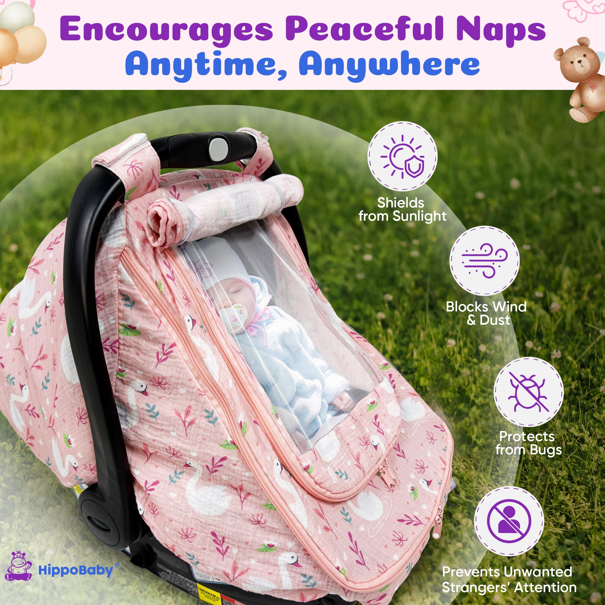 HippoBaby cover features a zippered pocket for toys or snacks.