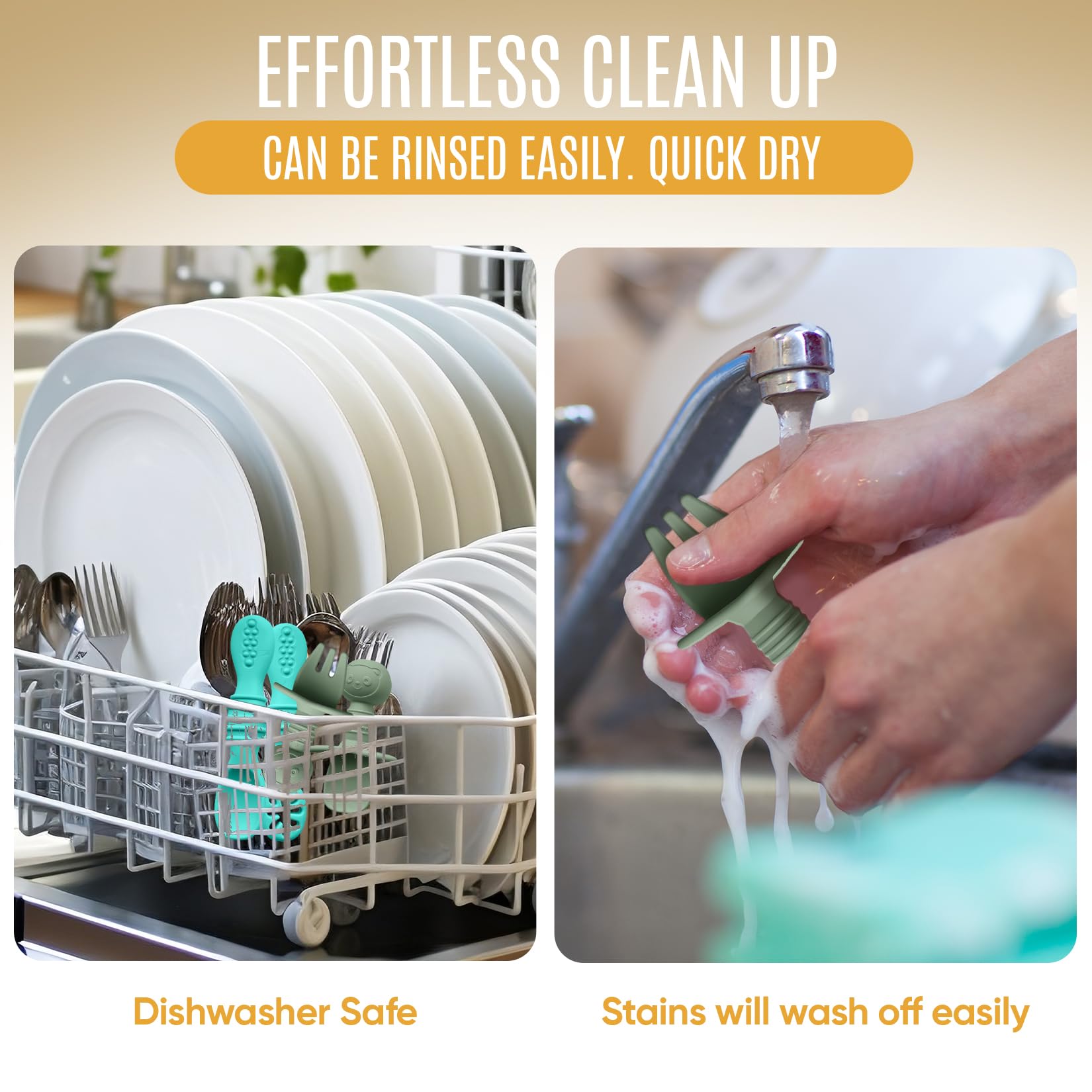 HippoBaby dishwasher-safe utensils set cleans quickly and resists staining after meals.