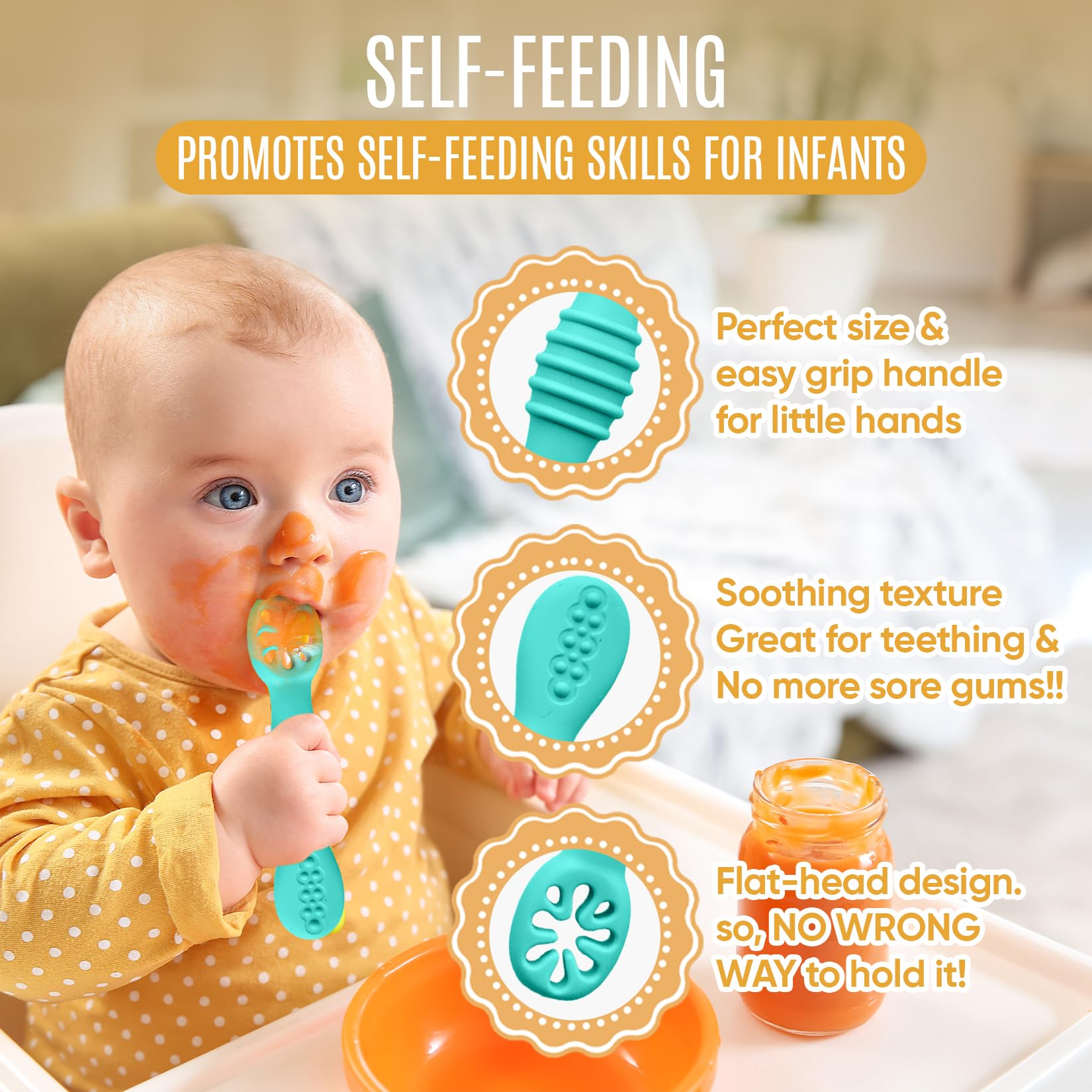 HippoBaby slotted spoon holds purees and solids, reducing mess at mealtimes.