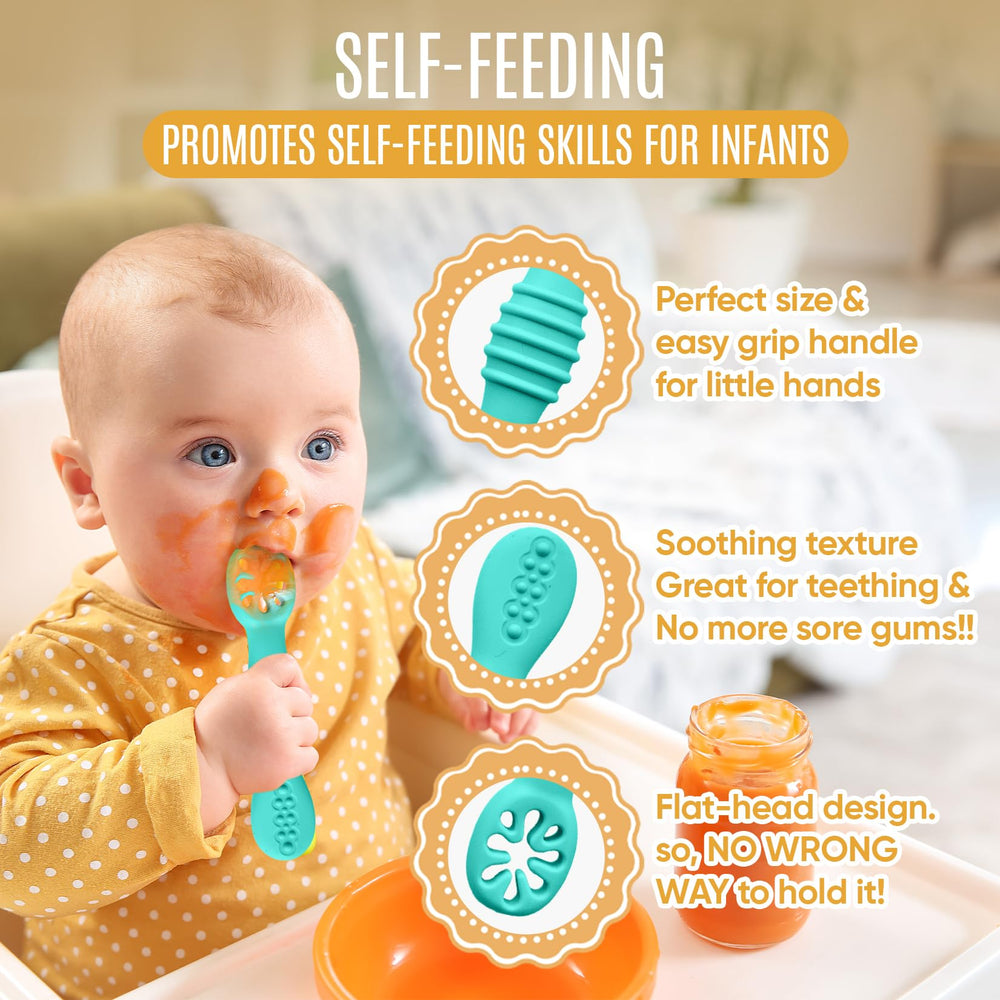 HippoBaby slotted spoon holds purees and solids, reducing mess at mealtimes.