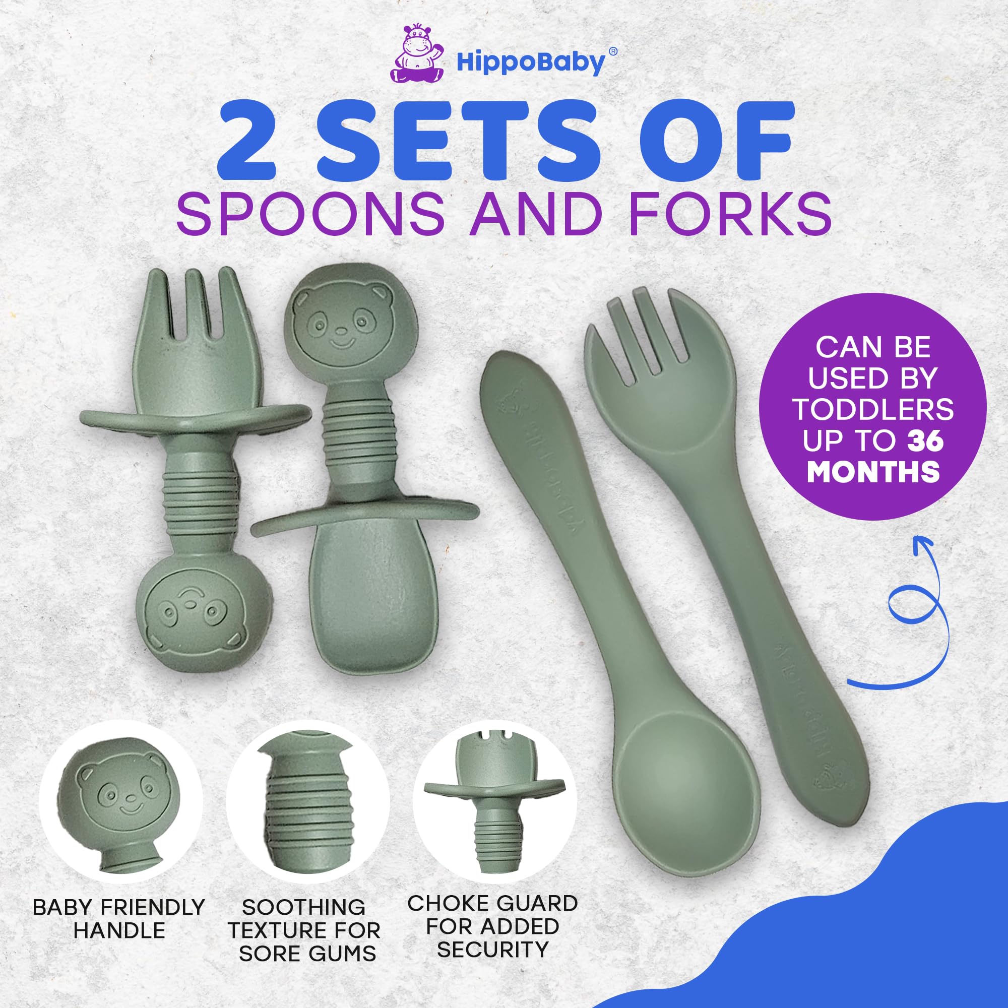 HippoBaby spoon and fork set with safety guards aids early self-feeding.