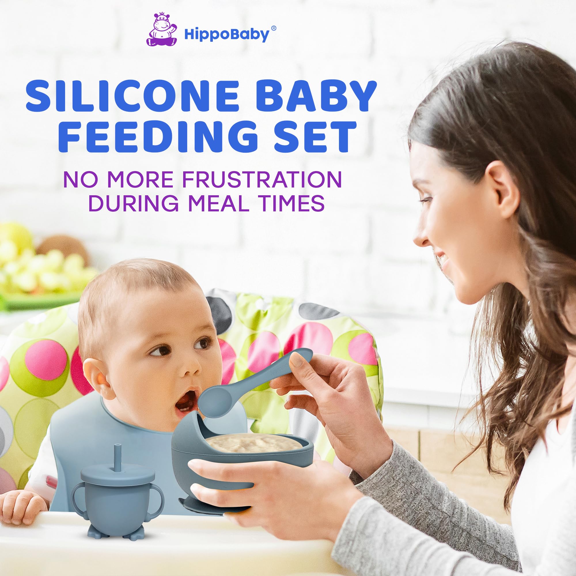 HippoBaby suction bowl attaches securely to smooth surfaces for stable self-feeding.
