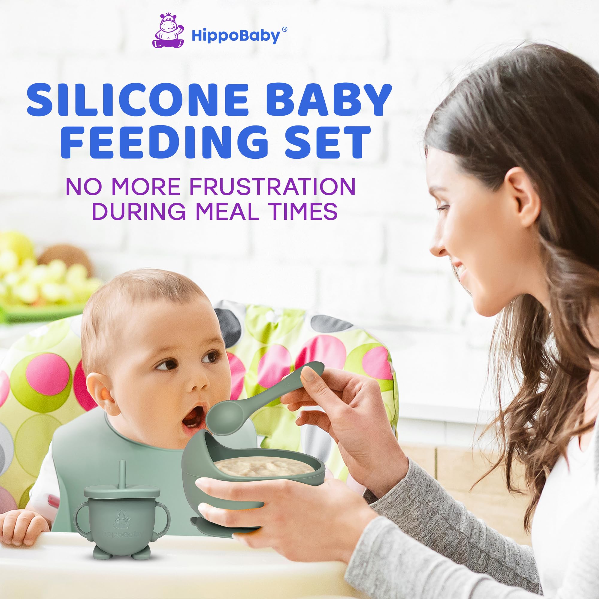 HippoBaby suction tray plate with dividers adheres firmly to smooth surfaces for mess-free meals.