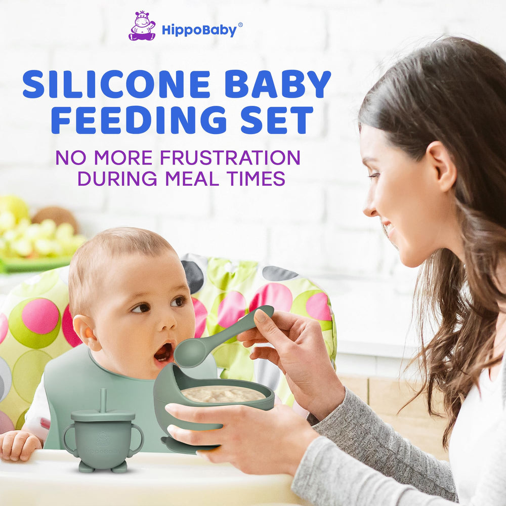 HippoBaby suction tray plate with dividers adheres firmly to smooth surfaces for mess-free meals.