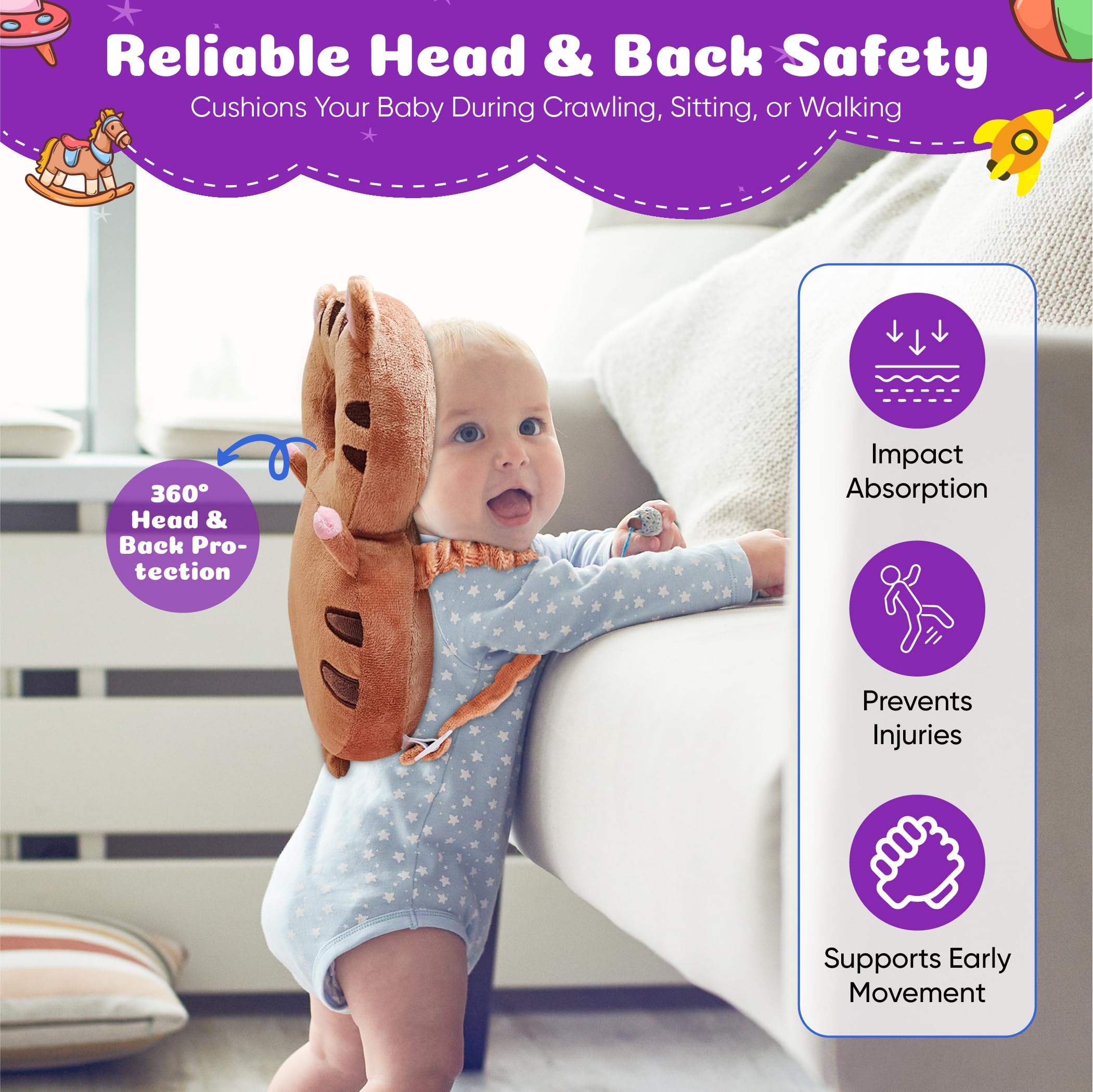 HippoBaby Tiger head protector backpack back view ensures a secure fit during active play.
