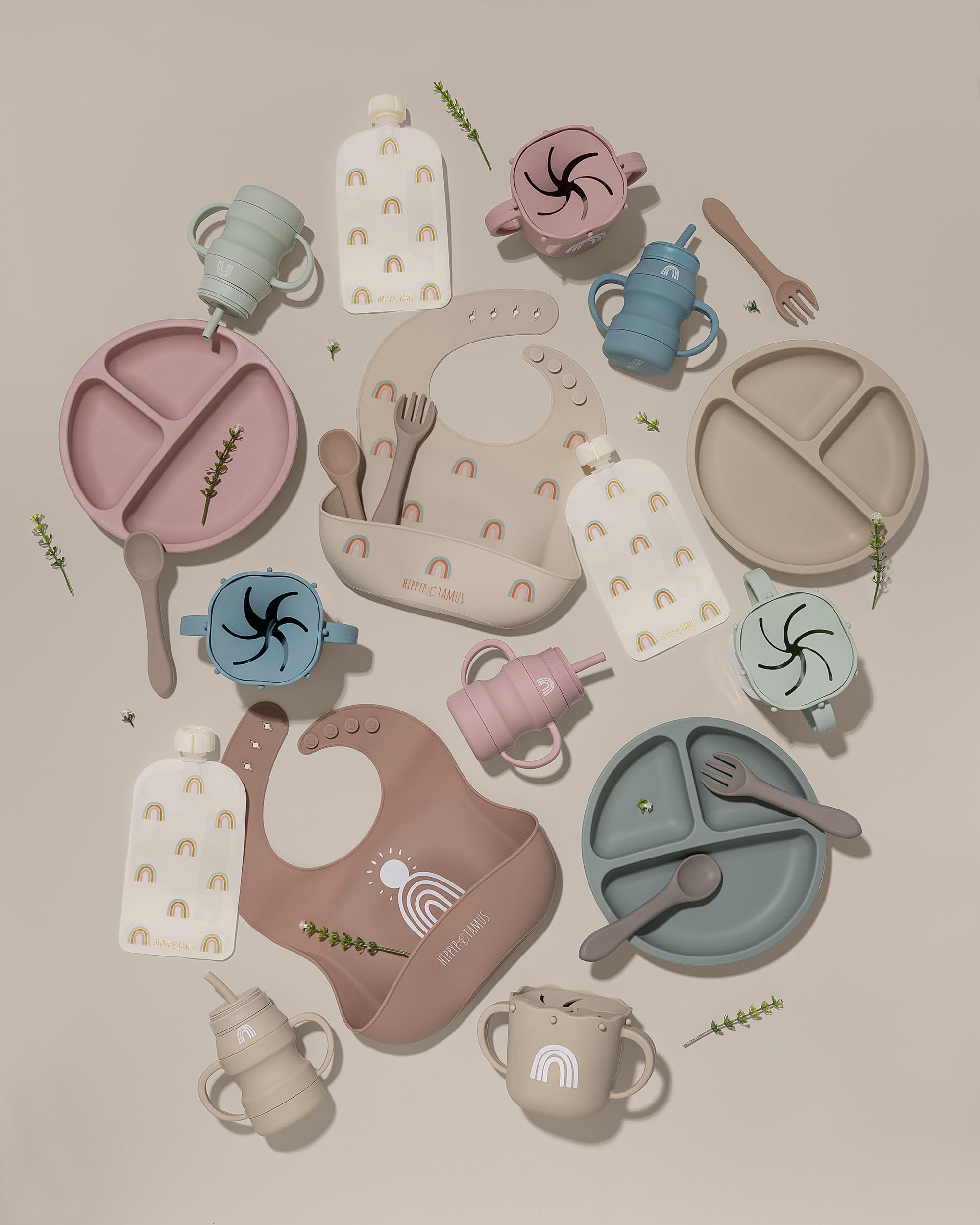 Hippypotamus bib color options Sage Nude Fog displayed with outfits