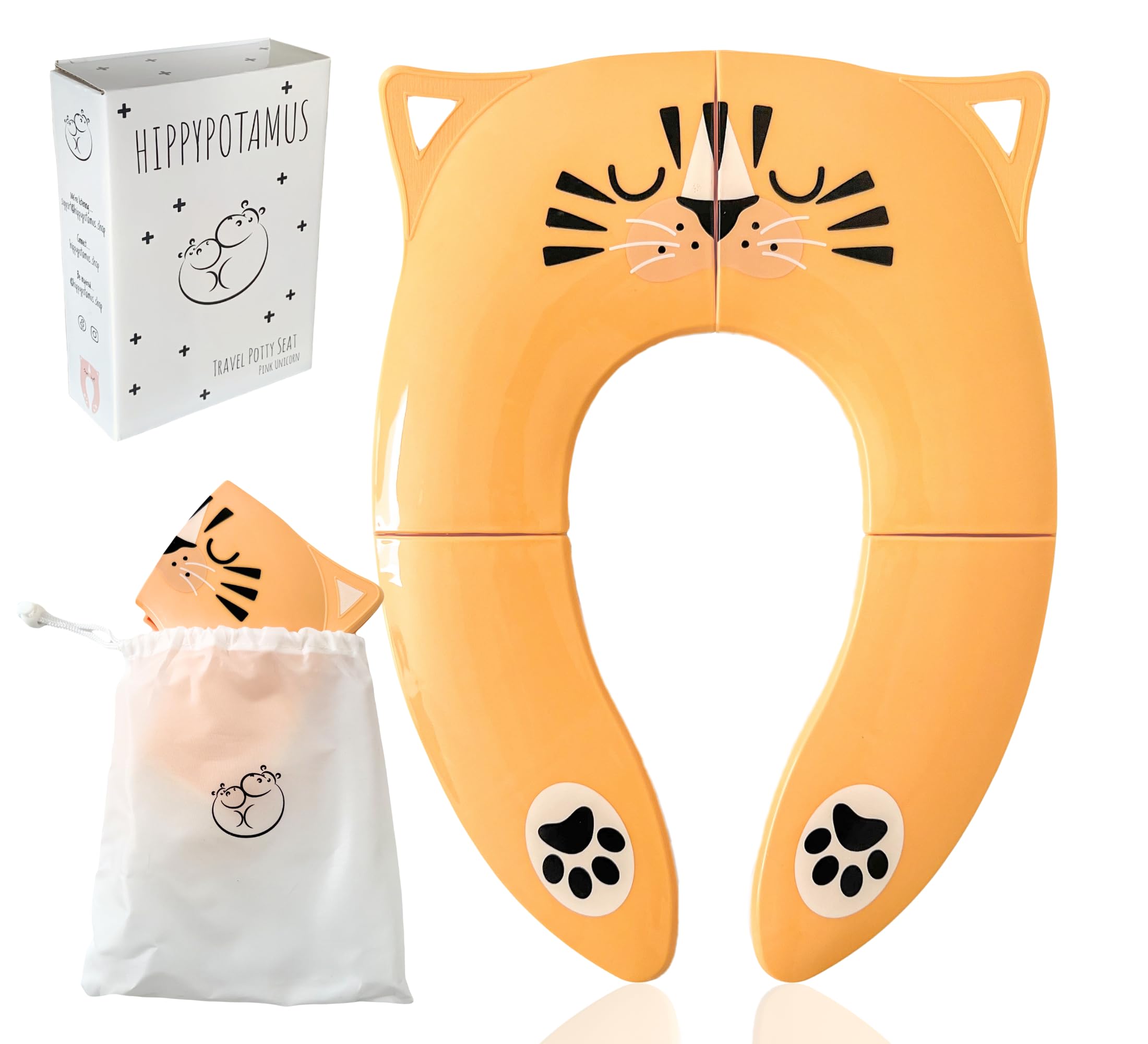 Hippypotamus travel potty seat orange tiger folded, compact for easy portability.