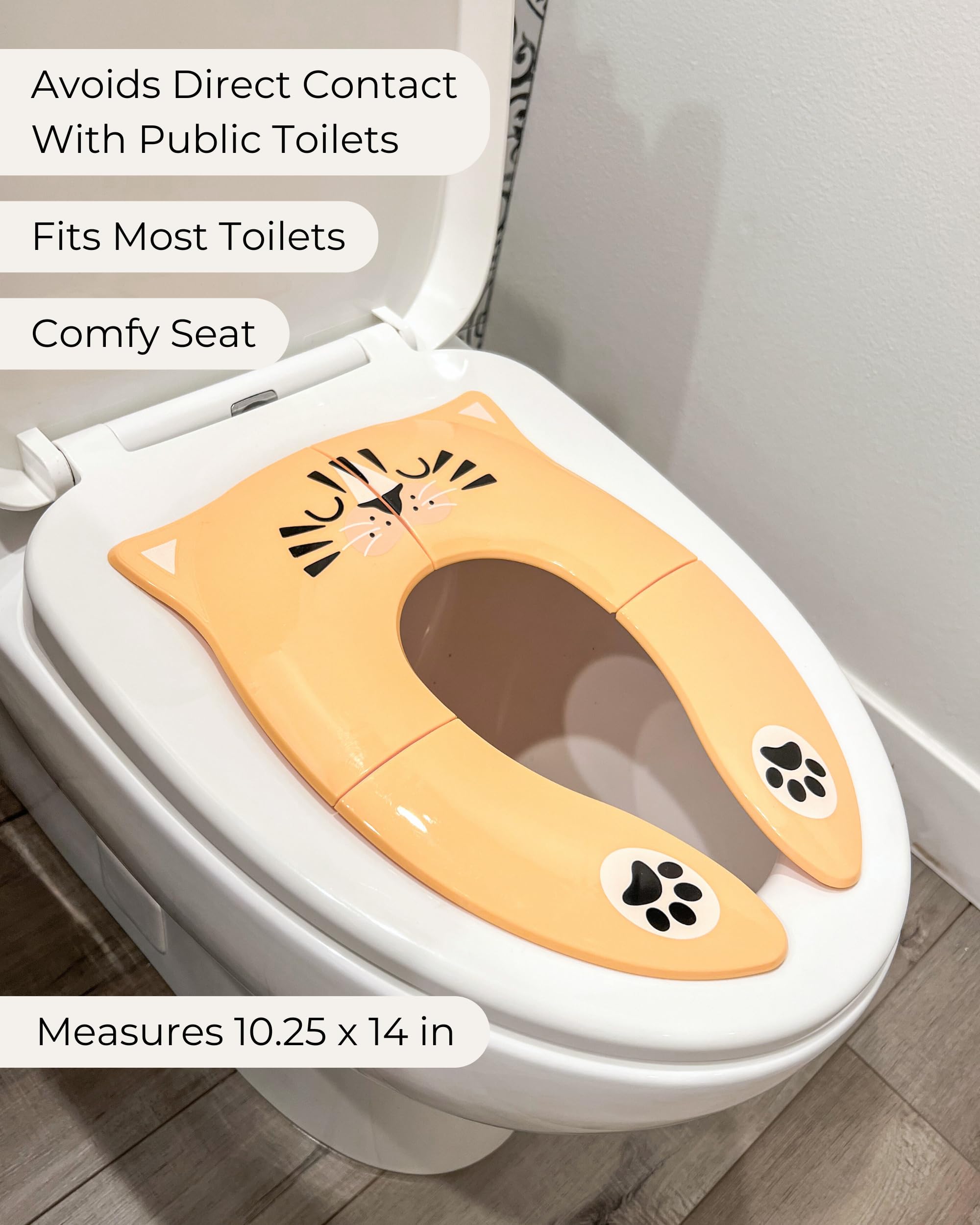Hippypotamus travel potty seat orange tiger in use, ideal for public restrooms.
