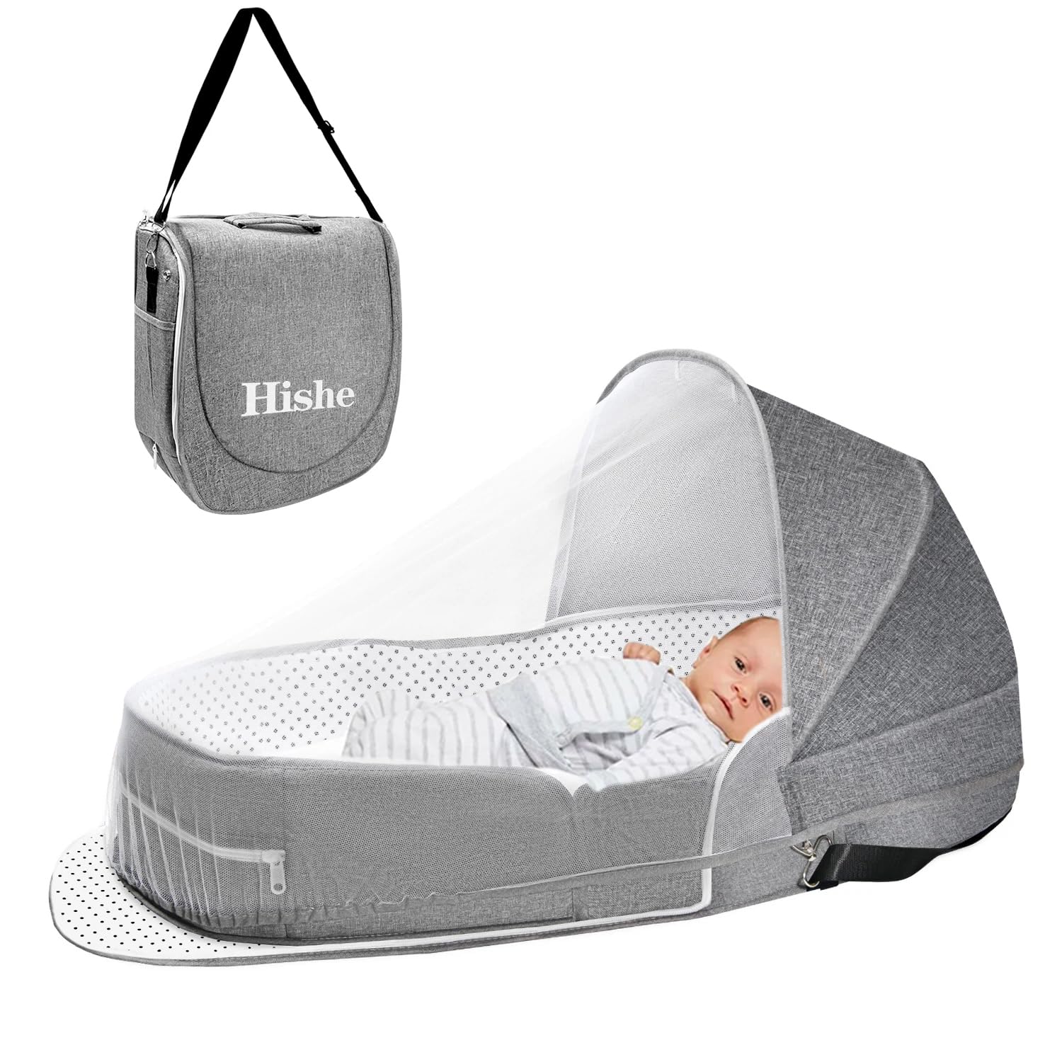Hishe baby travel bassinet foldable design for compact portability.