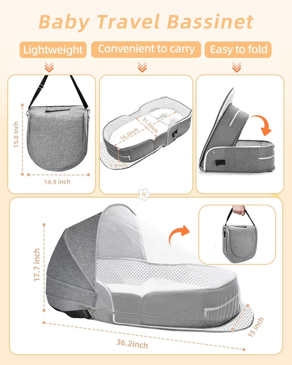 Hishe mosquito net over bassinet shields baby from insects.