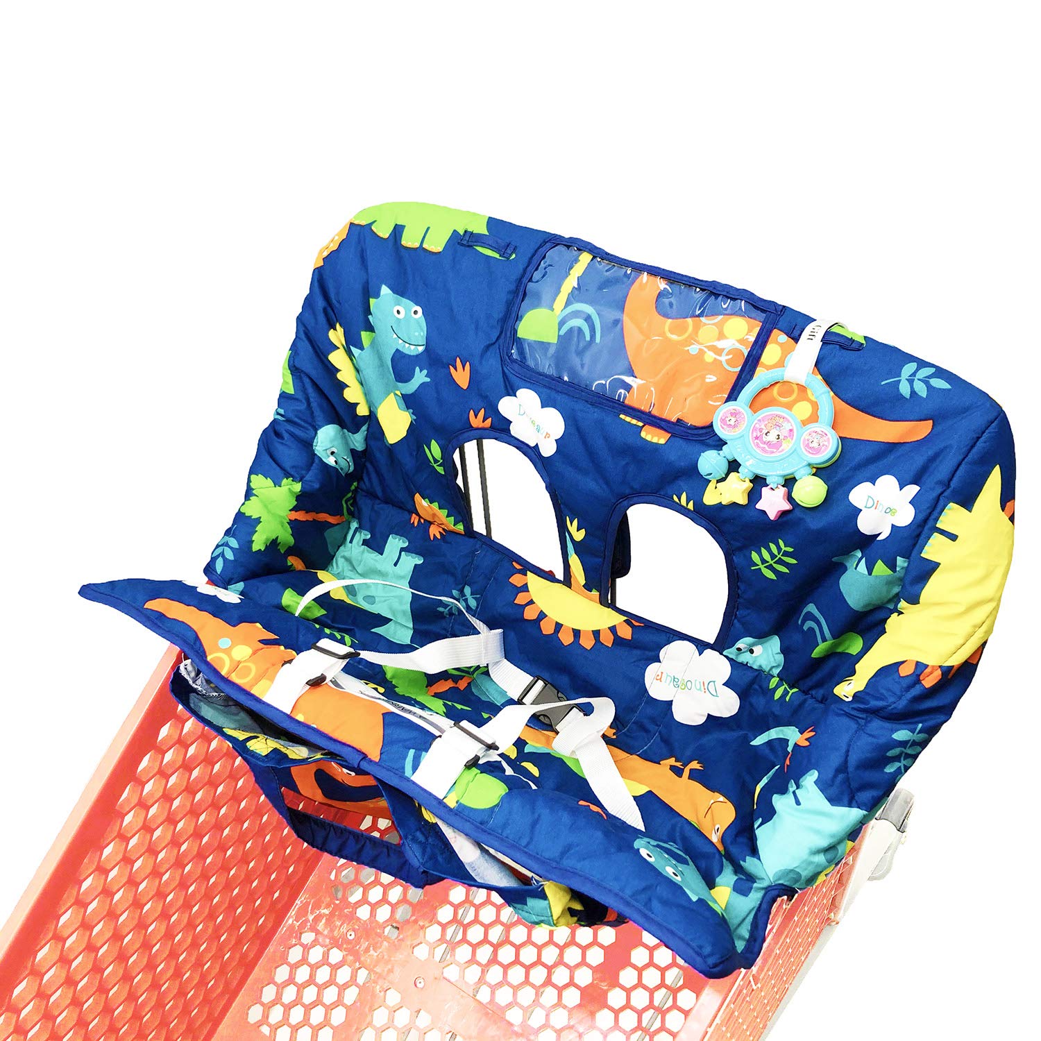 HIVVI child seated in cart with navy dinosaur cover