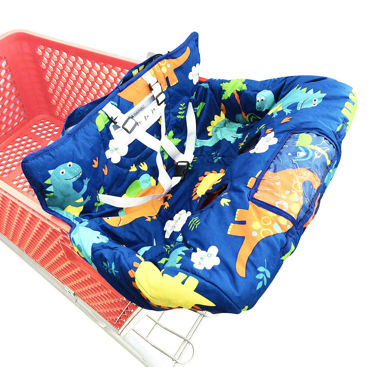 HIVVI cart cover in navy dinosaur print, ready for shopping trips