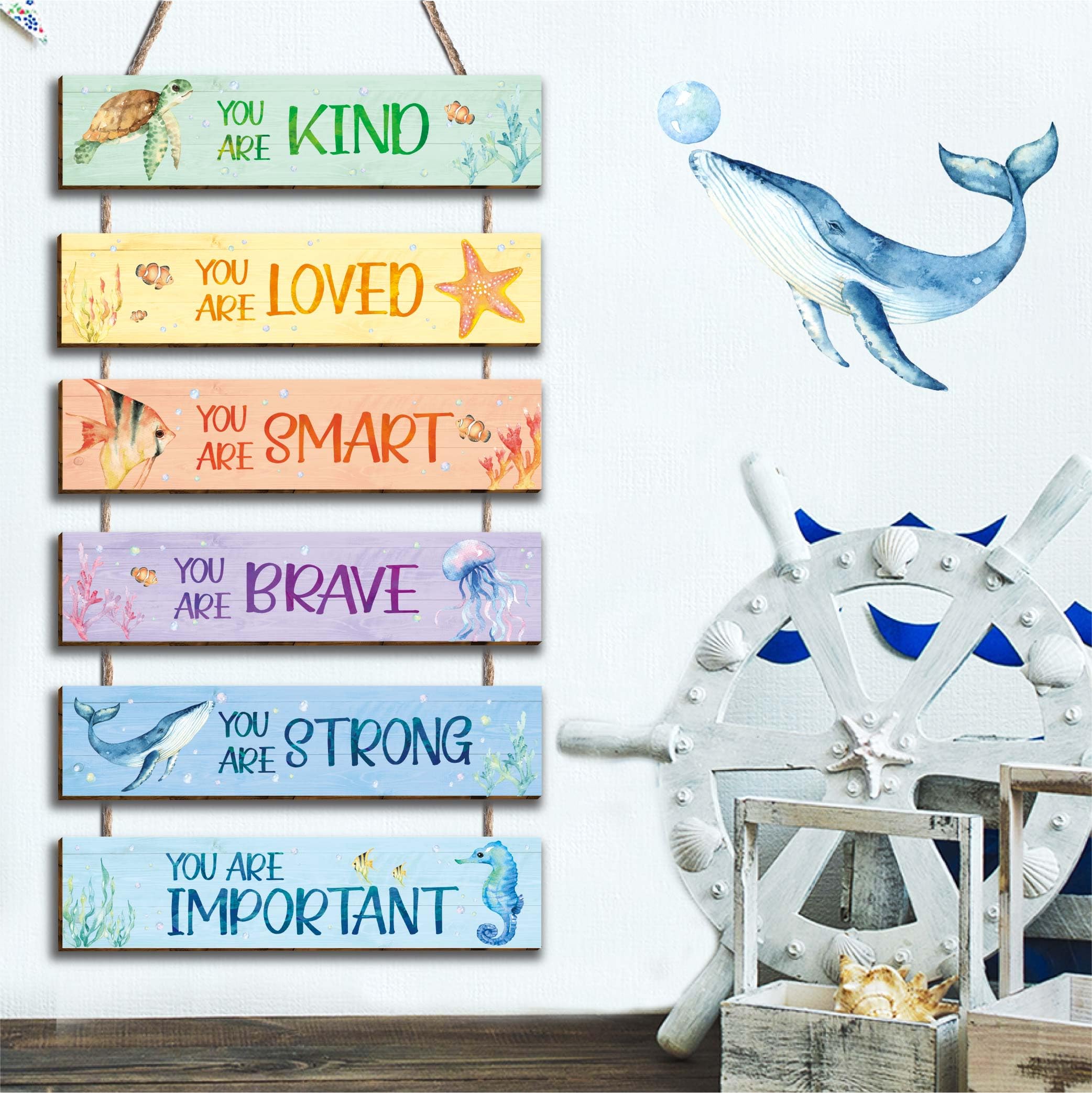 HIWERAN ocean-themed signs hang easily with hemp rope for quick decor.