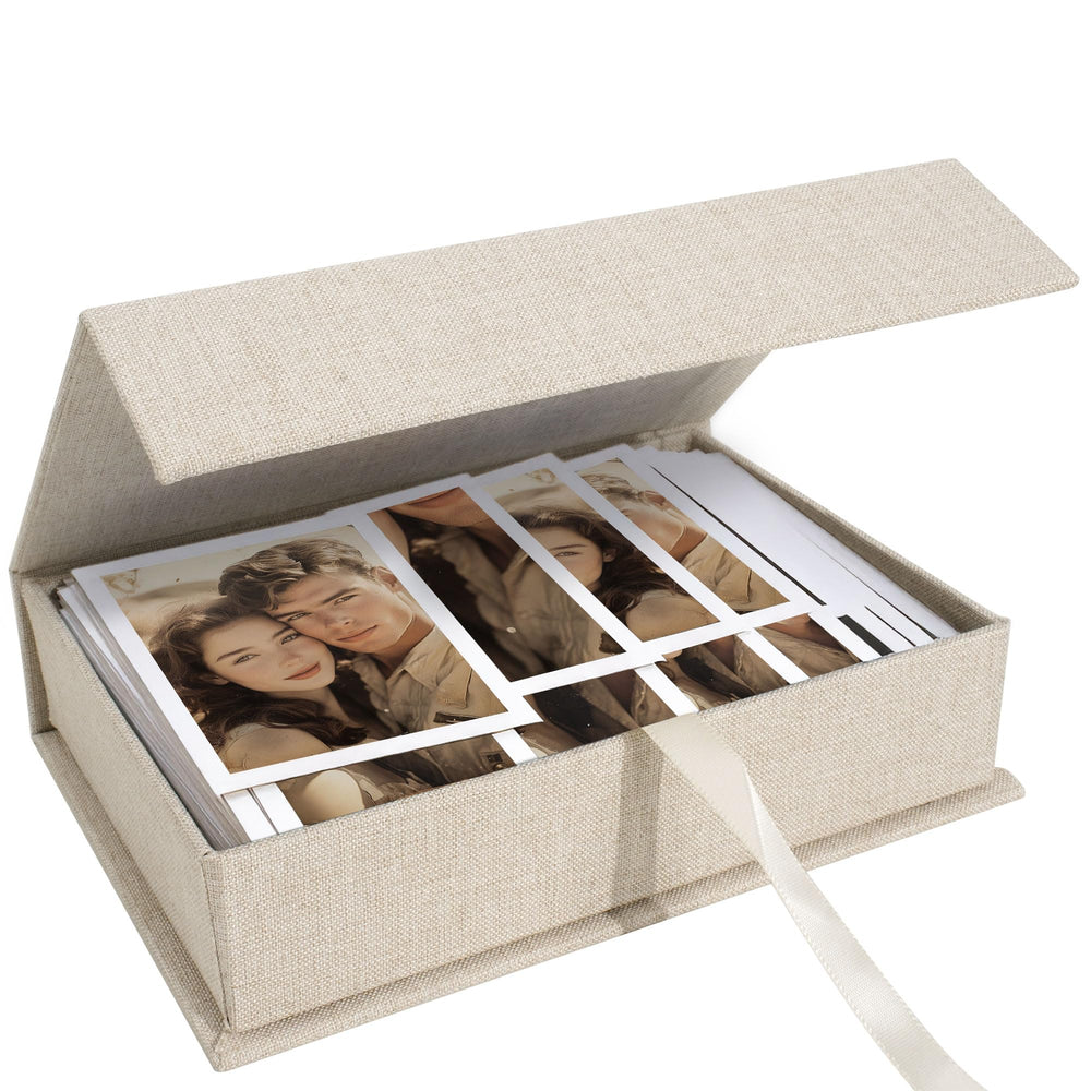 Hiwhy photo storage box 8x10 linen close-up showing durable beige fabric