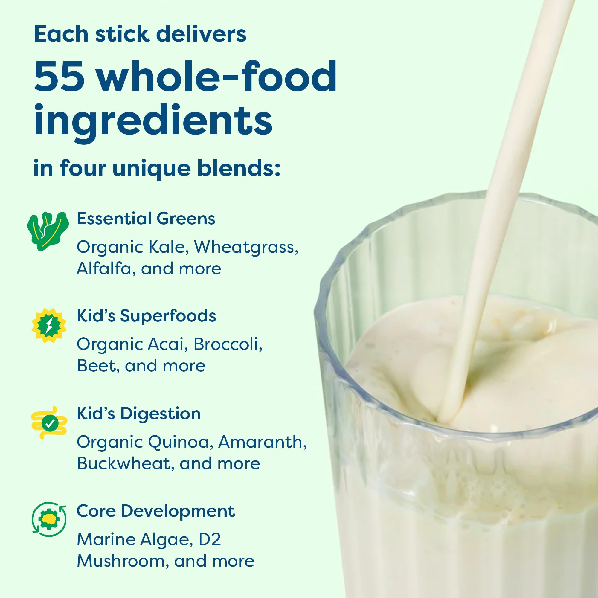HIYA Kids Greens ingredients include kale and broccoli for antioxidants supporting daily activity.