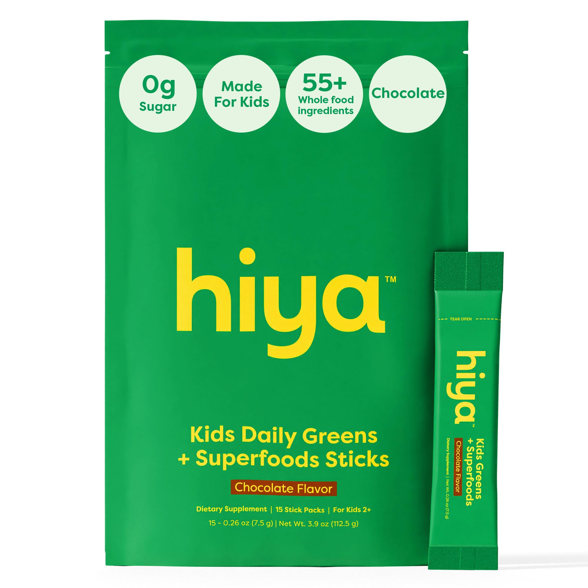 HIYA Kids Greens Powder chocolate bottle for a kid-friendly daily nutrition boost.