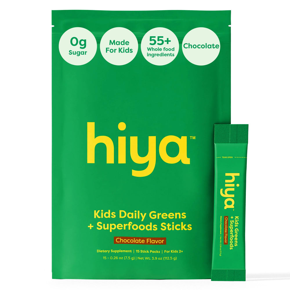 HIYA Kids Greens Powder chocolate bottle for a kid-friendly daily nutrition boost.