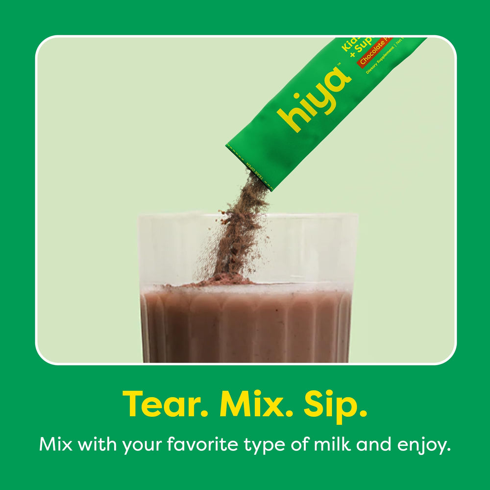 HIYA Kids Greens Powder chocolate with frother for quick beverages.