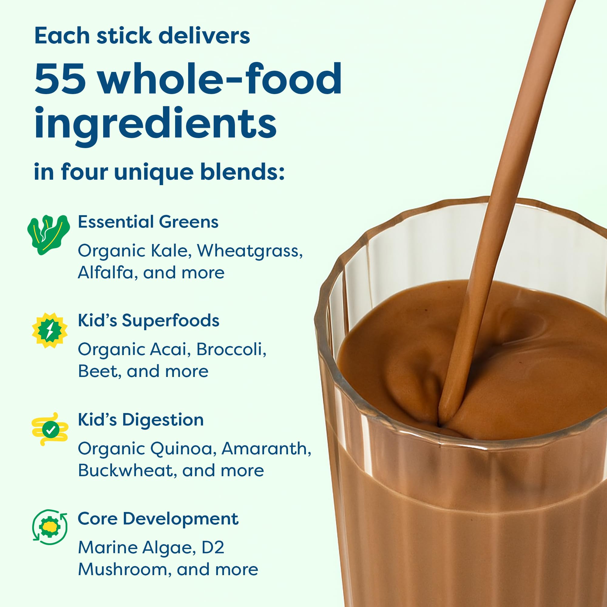 HIYA Kids Greens Powder chocolate in a milk-mix ready setup.