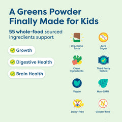 HIYA Kids Greens Powder chocolate serving cup ready to mix into milk.